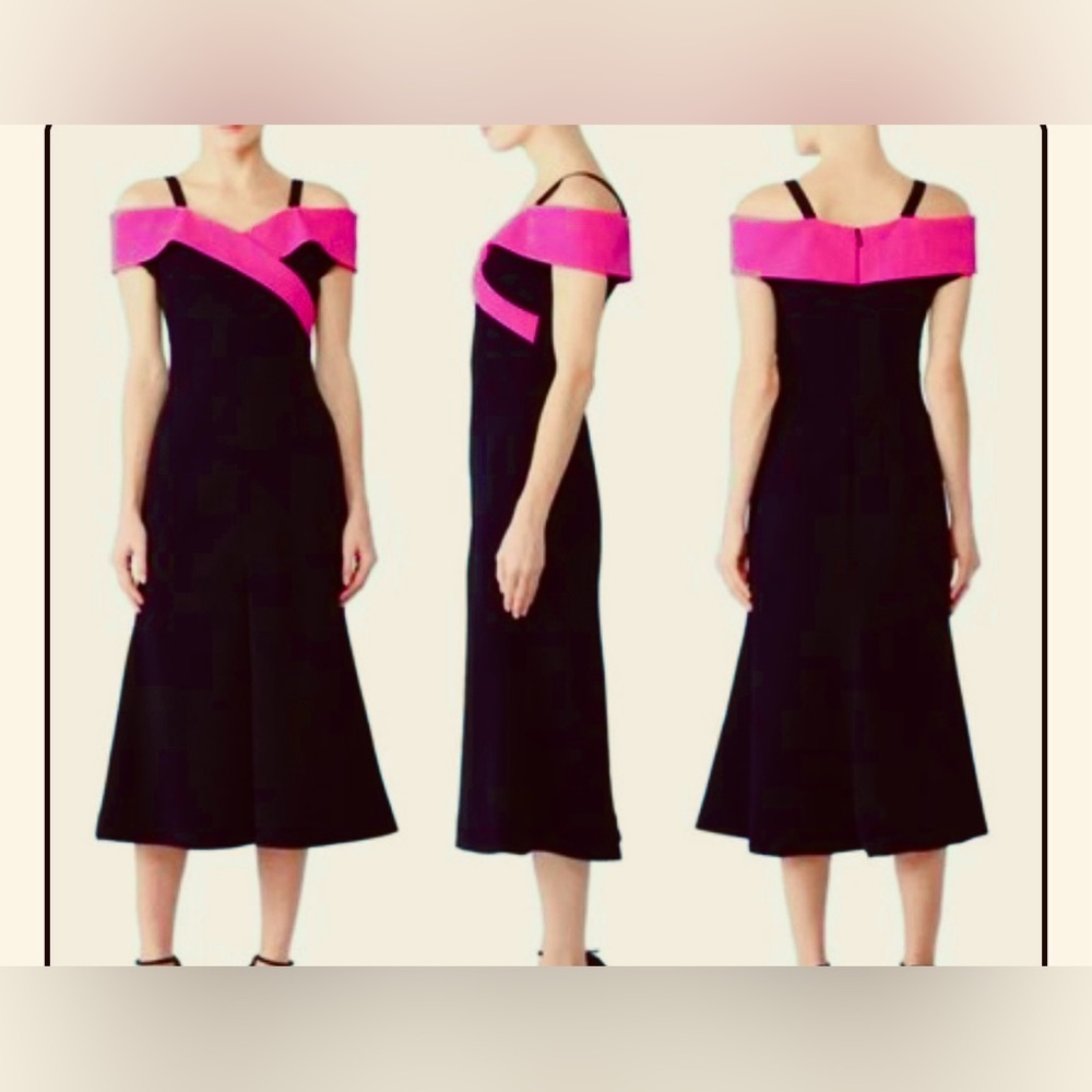Original Christian Siriano Black & Hot Pink Off Shoulders Midi Dress